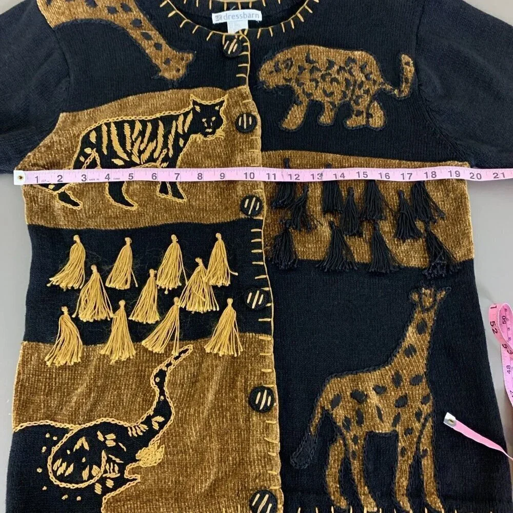 Dressbarn Womens Vintage Cardigan Sweater M Safari Jungle Animal Tassel 90s 80s